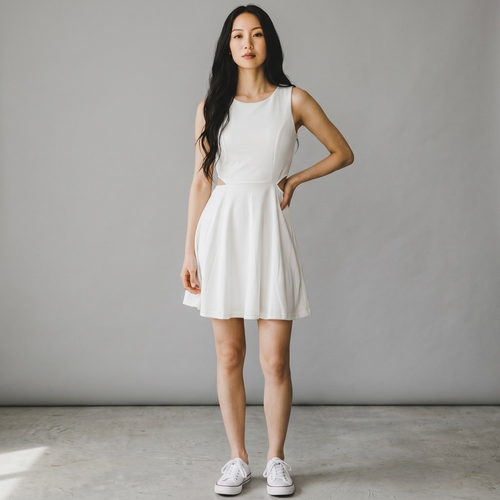 Belongsci Womens White Cut Out Skater Dress Sleeveless Mini 8812# Size S NEW
